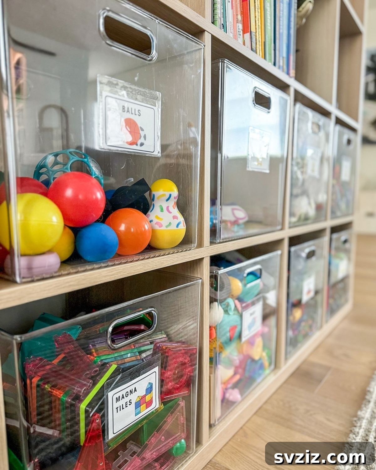 Toy storage bins with both picture and word labels