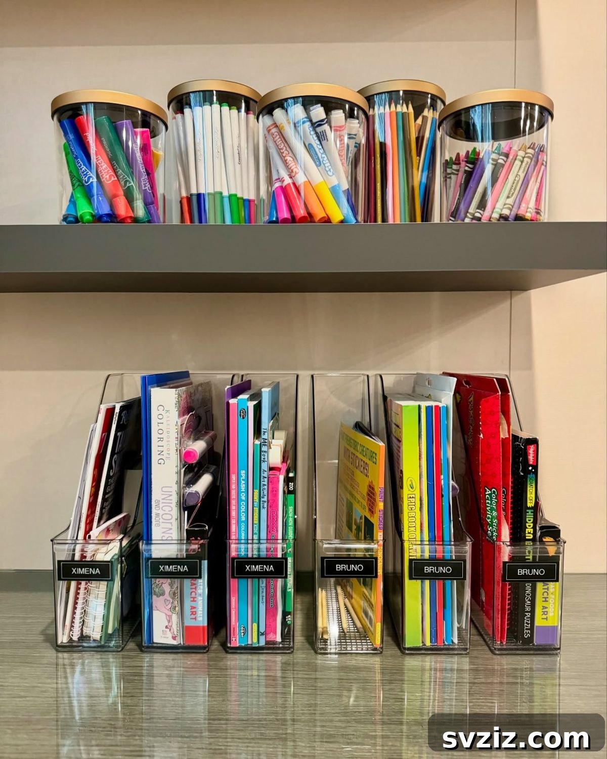 Organized designated homework station with clear magazine files