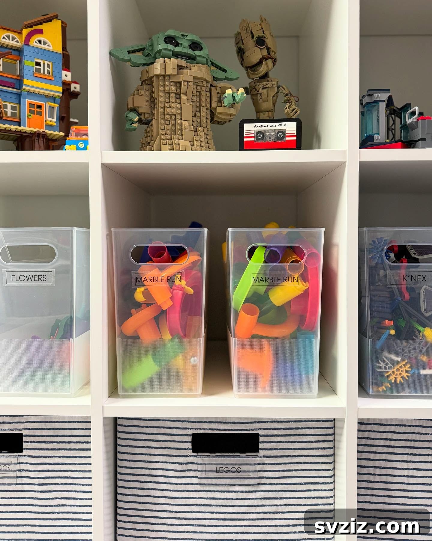 Playroom organized with multiple labeled storage bins