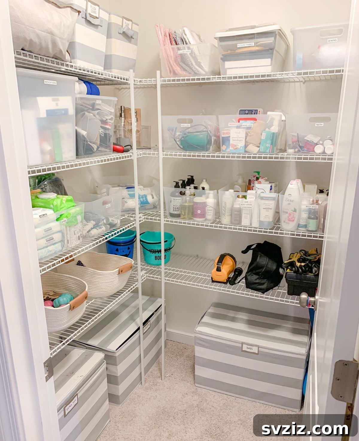 Storage Closet Organization with Labeled Bins
