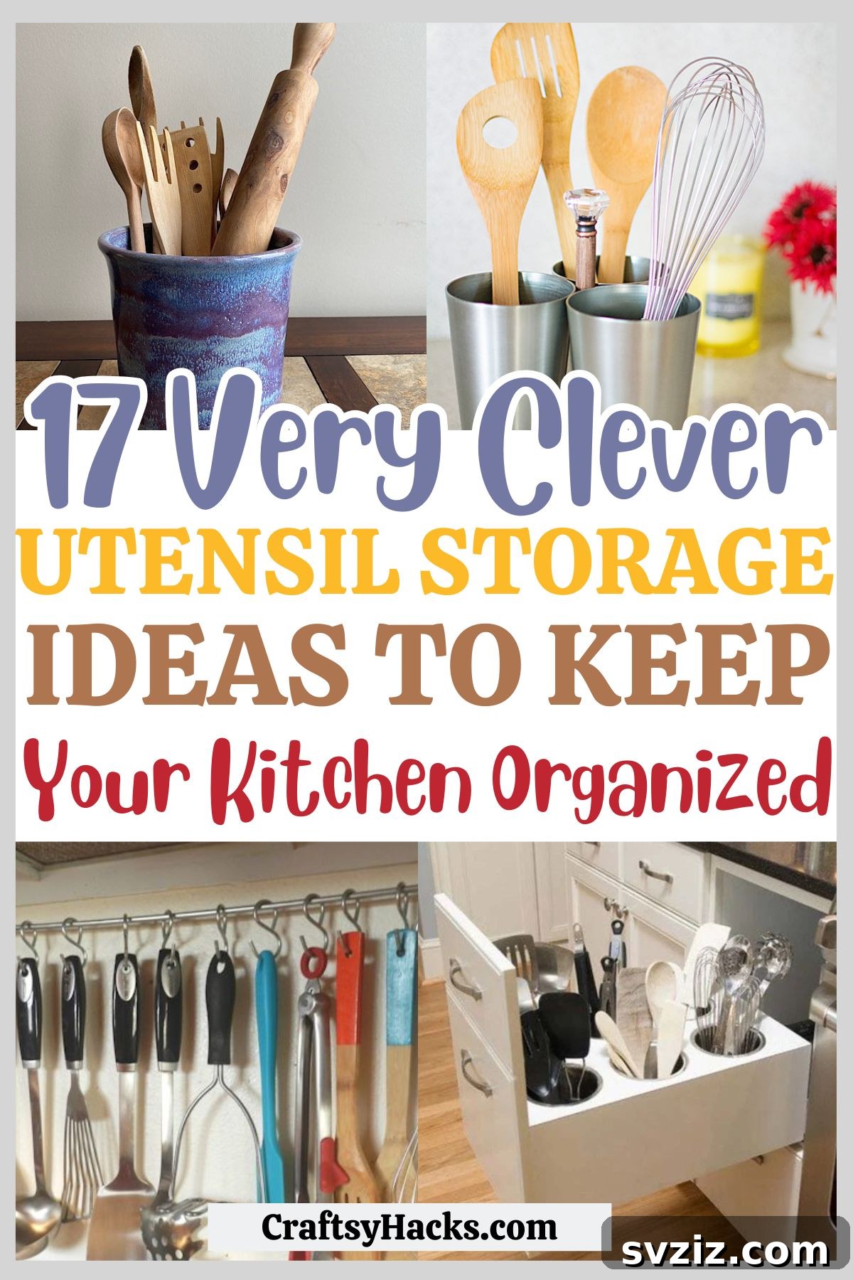 17 Smart Utensil Organizing Hacks 2 Organized kitchen with various utensil storage solutions, including drawer organizers, wall-mounted racks, and countertop caddies