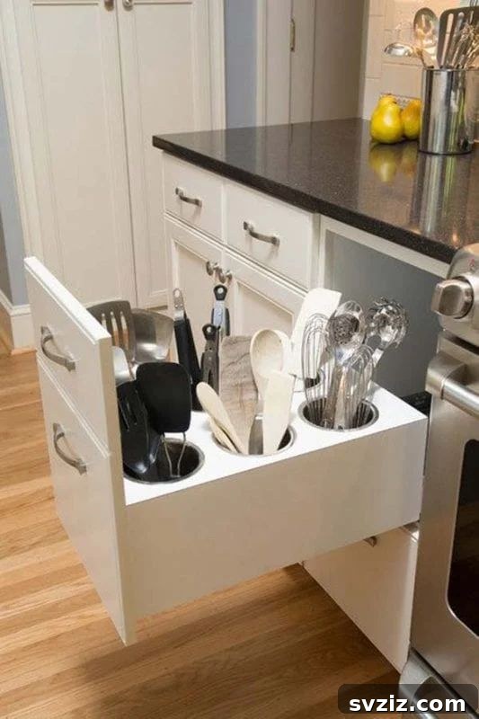 17 Smart Utensil Organizing Hacks 5 DIY upright utensil drawer organizer utilizing cylindrical utensil holders within a drawer