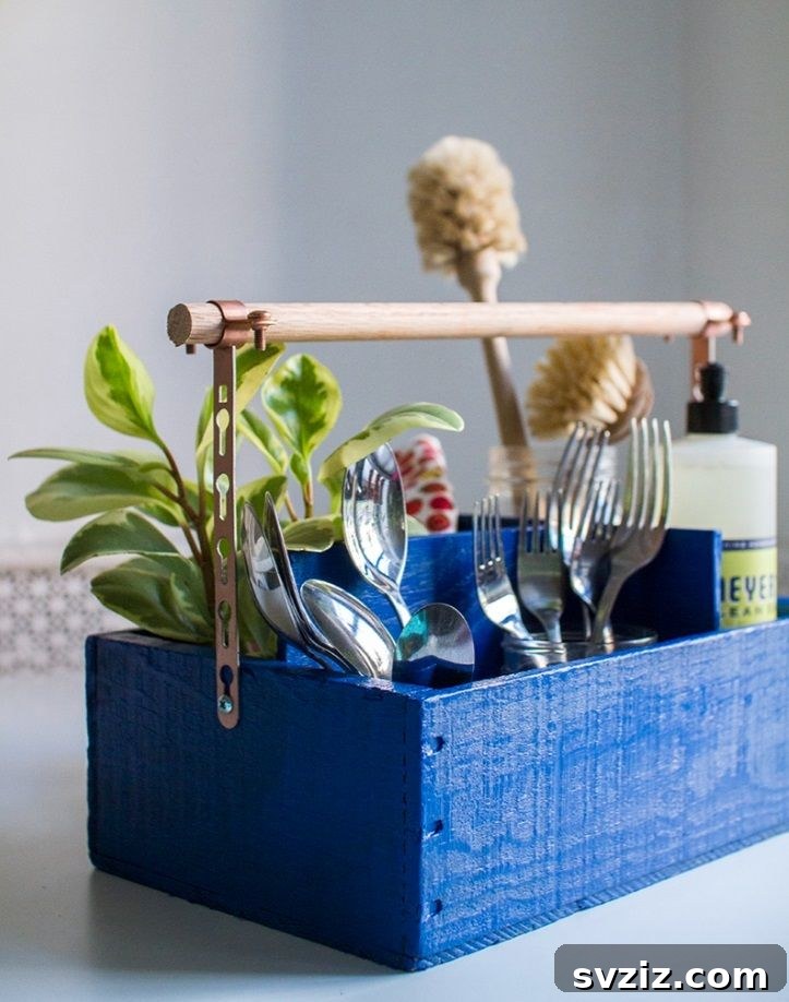 17 Smart Utensil Organizing Hacks 7 Rustic DIY wood box utensil organizer, ideal for farmhouse-style kitchens or entertaining