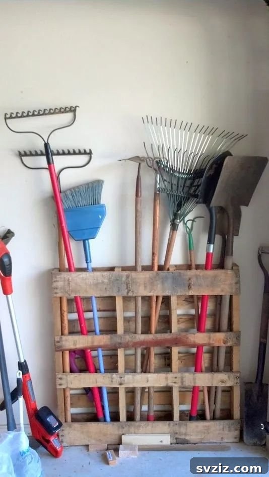 Wood Pallet for Rakes and Brooms