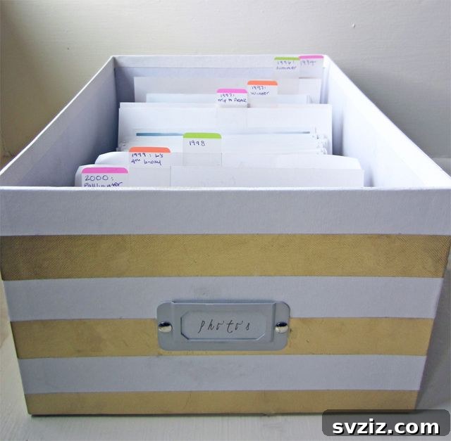 Photos sorted chronologically in an organized box