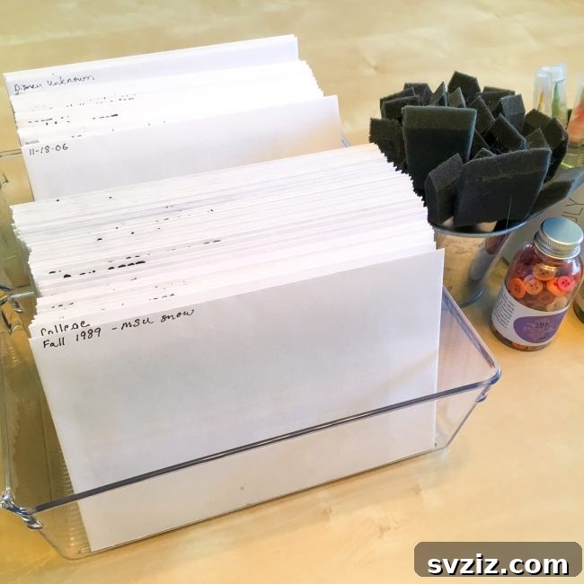 Envelopes used for categorized photo storage