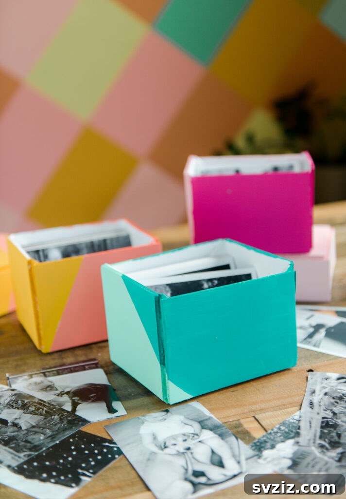 Colorful DIY photo storage boxes for a personalized touch