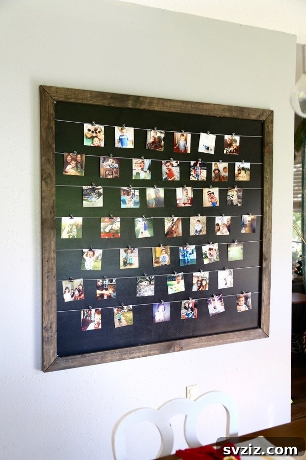 Rustic DIY photo display wall with metal clips