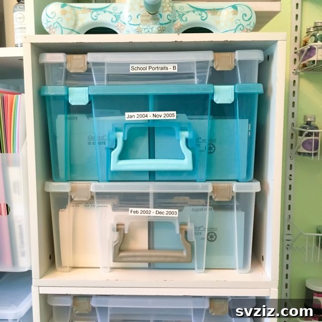 Durable plastic storage containers for photo organization
