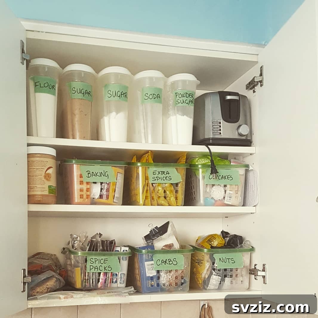 Neatly labeled jars and containers creating an organized pantry.