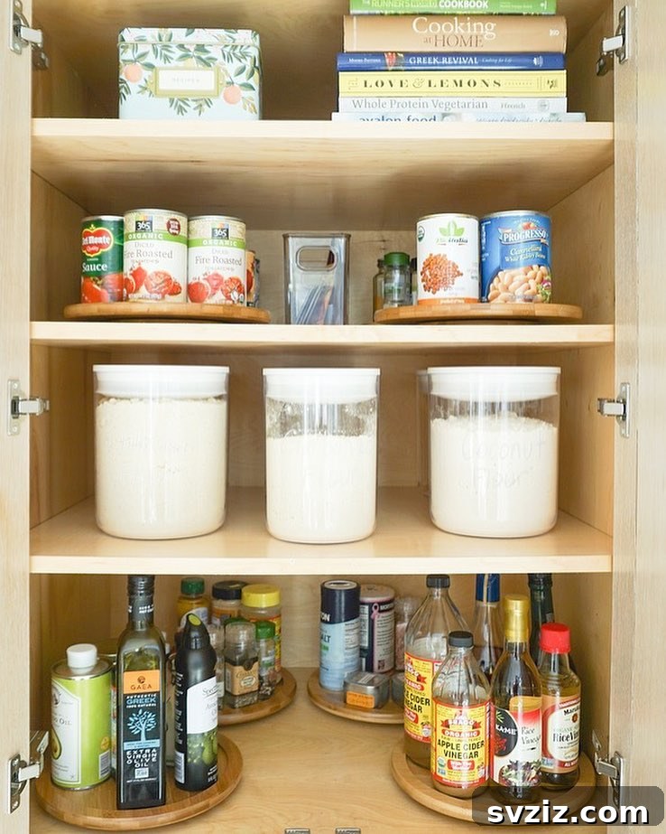 Lazy Susans for efficient tiny pantry organization, perfect for easy access to spices and sauces.