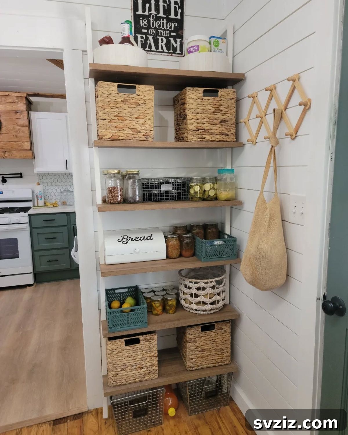 Chic open pantry shelves displaying organized food storage in aesthetic containers.