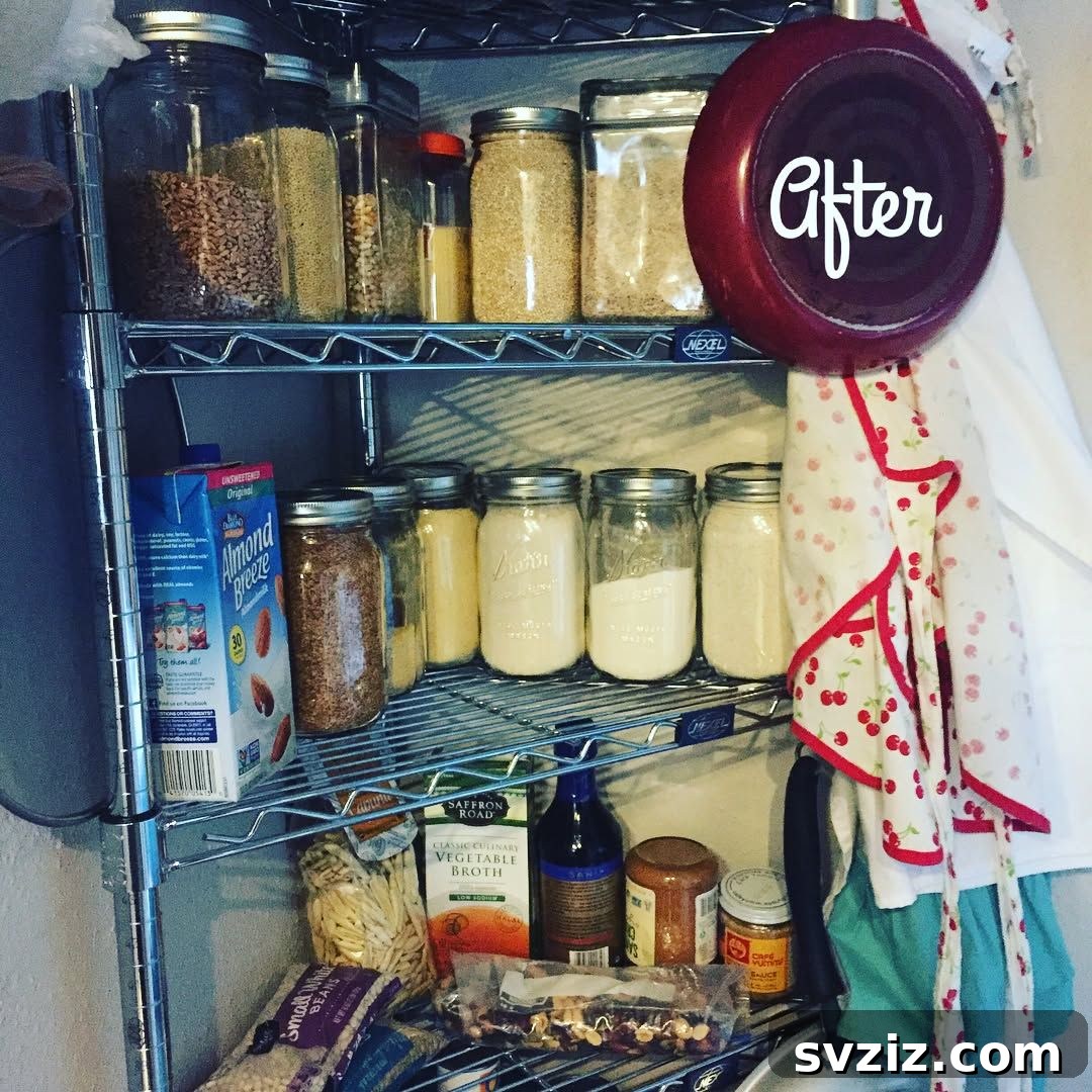 A selection of clear glass jars filled with dry goods for a tidy and organized pantry.