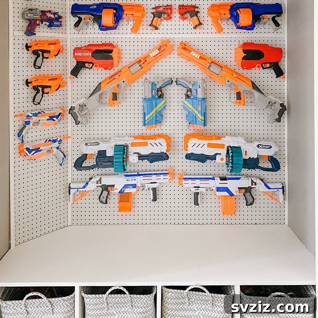 21 Clever Pegboard Organization Ideas 12 Nerf Gun storage on a pegboard wall for collectors