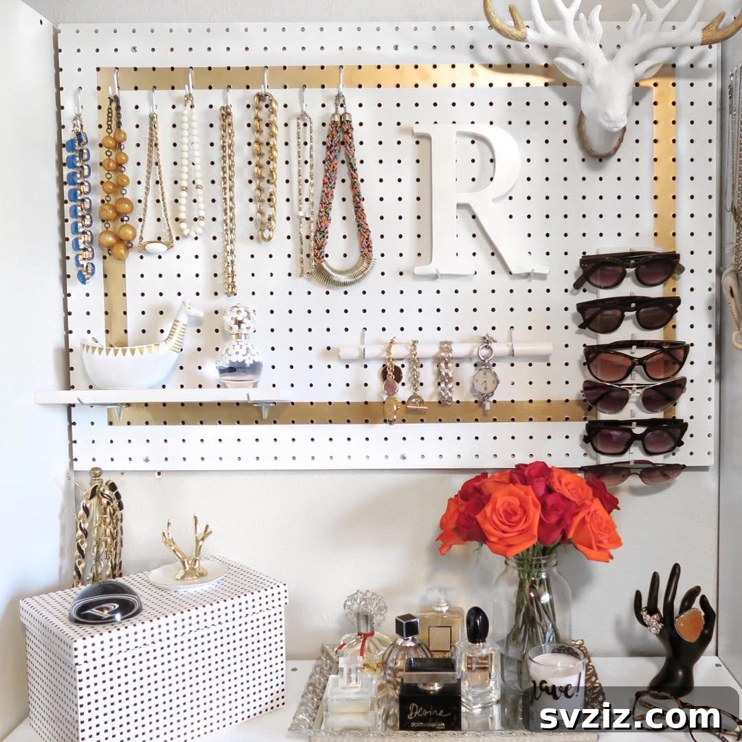 21 Clever Pegboard Organization Ideas 13 DIY Jewelry Organizer made from a pegboard for necklaces and earrings