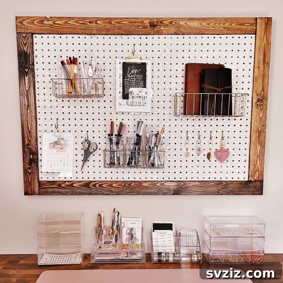 21 Clever Pegboard Organization Ideas 15 Journaling Setup with a pegboard for pens and notebooks