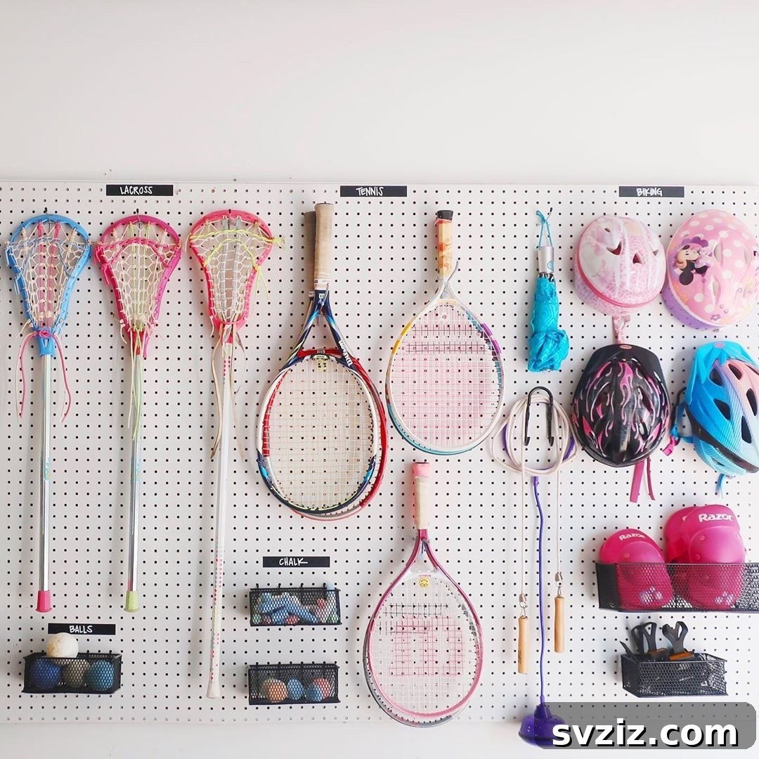 21 Clever Pegboard Organization Ideas 17 Sports Equipment Storage on a pegboard in a garage