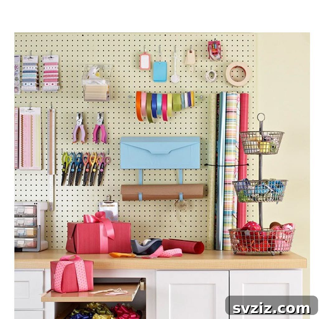 21 Clever Pegboard Organization Ideas 20 Wrapping Storage on a pegboard for gift wrap and ribbons