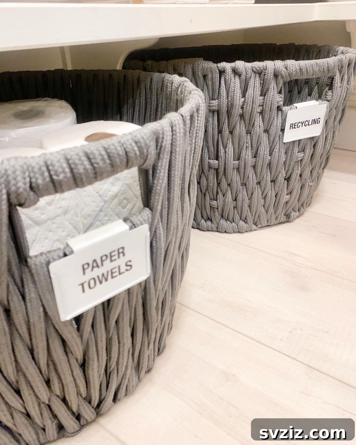 27 Chic & Stylish Home Organization Hacks for a Beautifully Transformed Space 18 Pantry with plush fabric baskets and clip-on metal labels