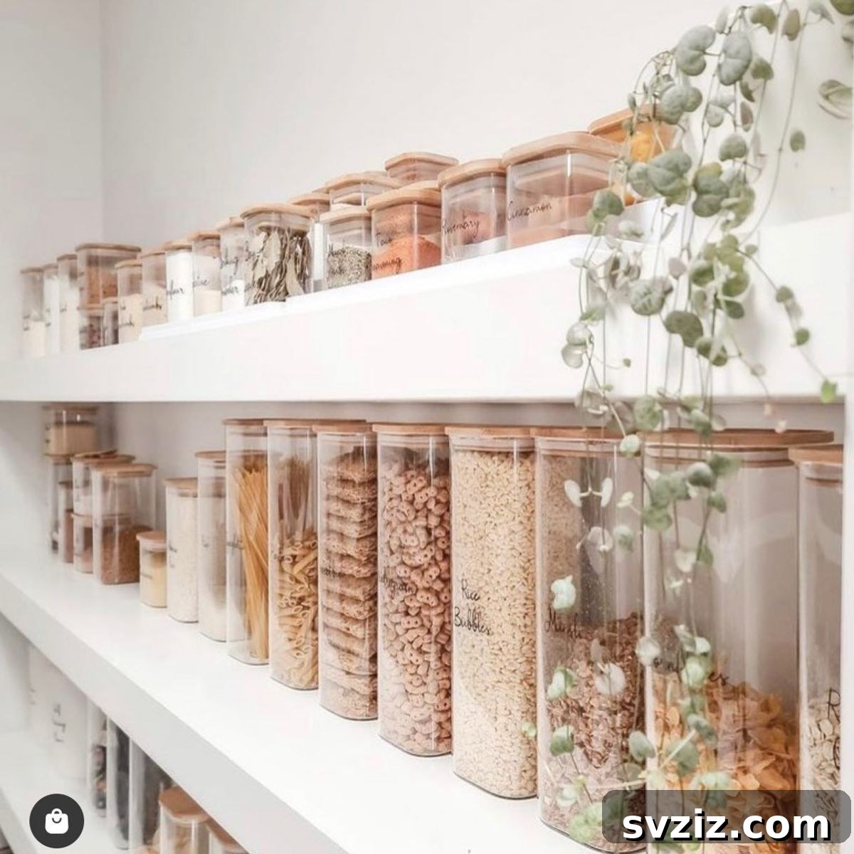 27 Chic & Stylish Home Organization Hacks for a Beautifully Transformed Space 24 Beautiful bamboo organized pantry with glass containers and plants