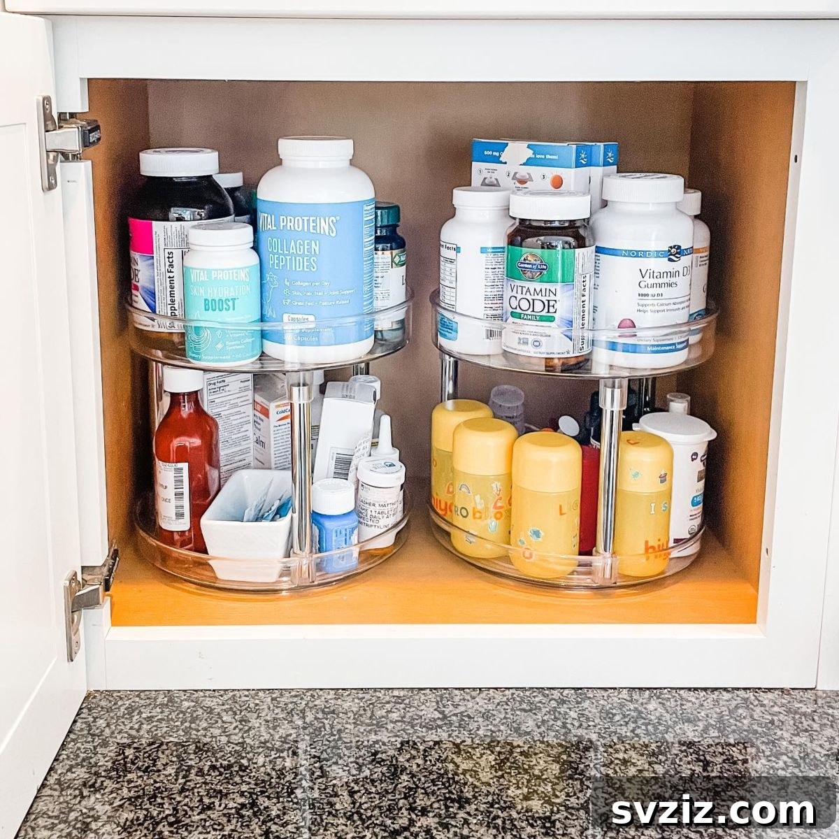 27 Chic & Stylish Home Organization Hacks for a Beautifully Transformed Space 25 Medicine cabinet organized with a multi-level turntable