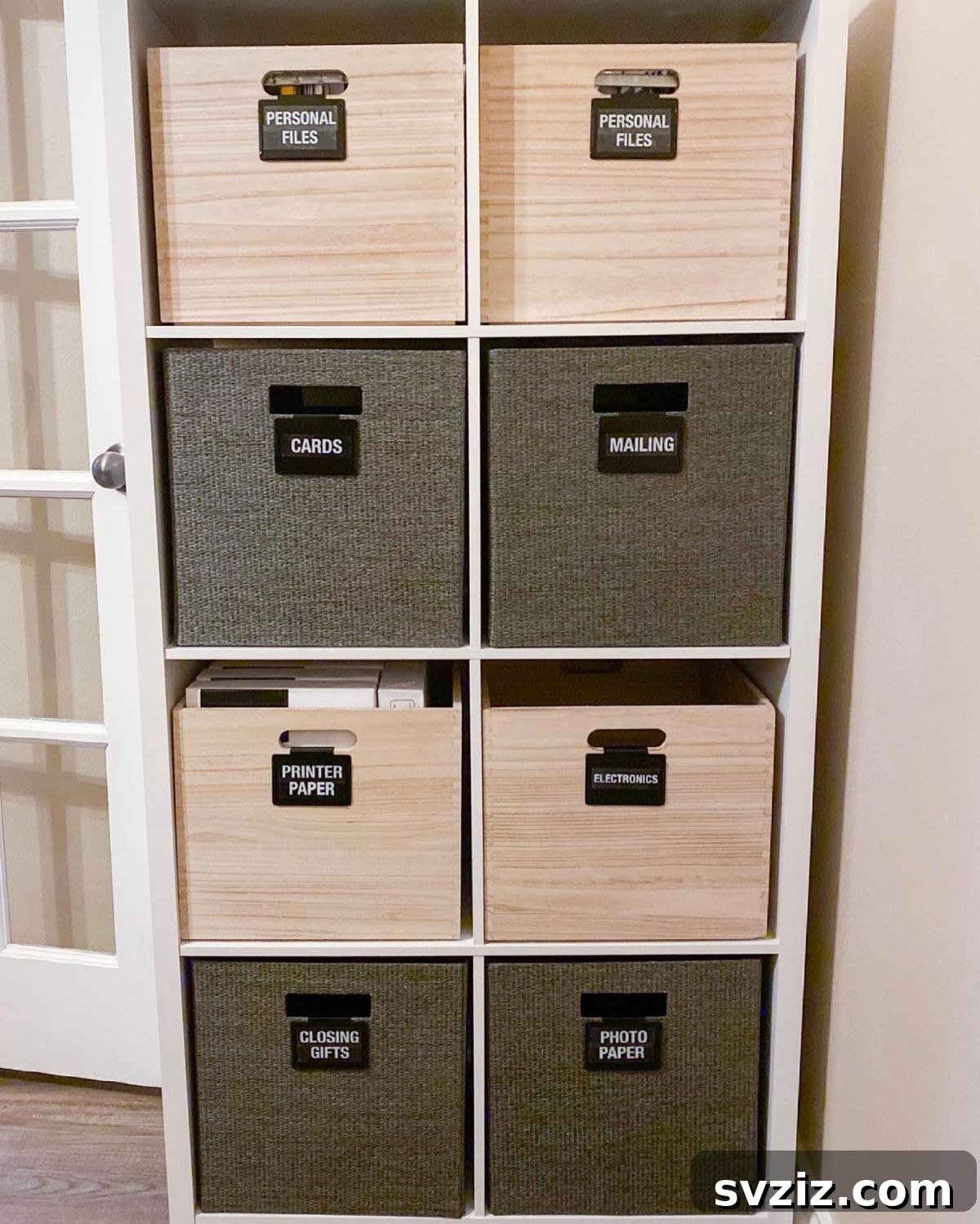 27 Chic & Stylish Home Organization Hacks for a Beautifully Transformed Space 8 Home office with elegant cube storage using fabric and wooden bins