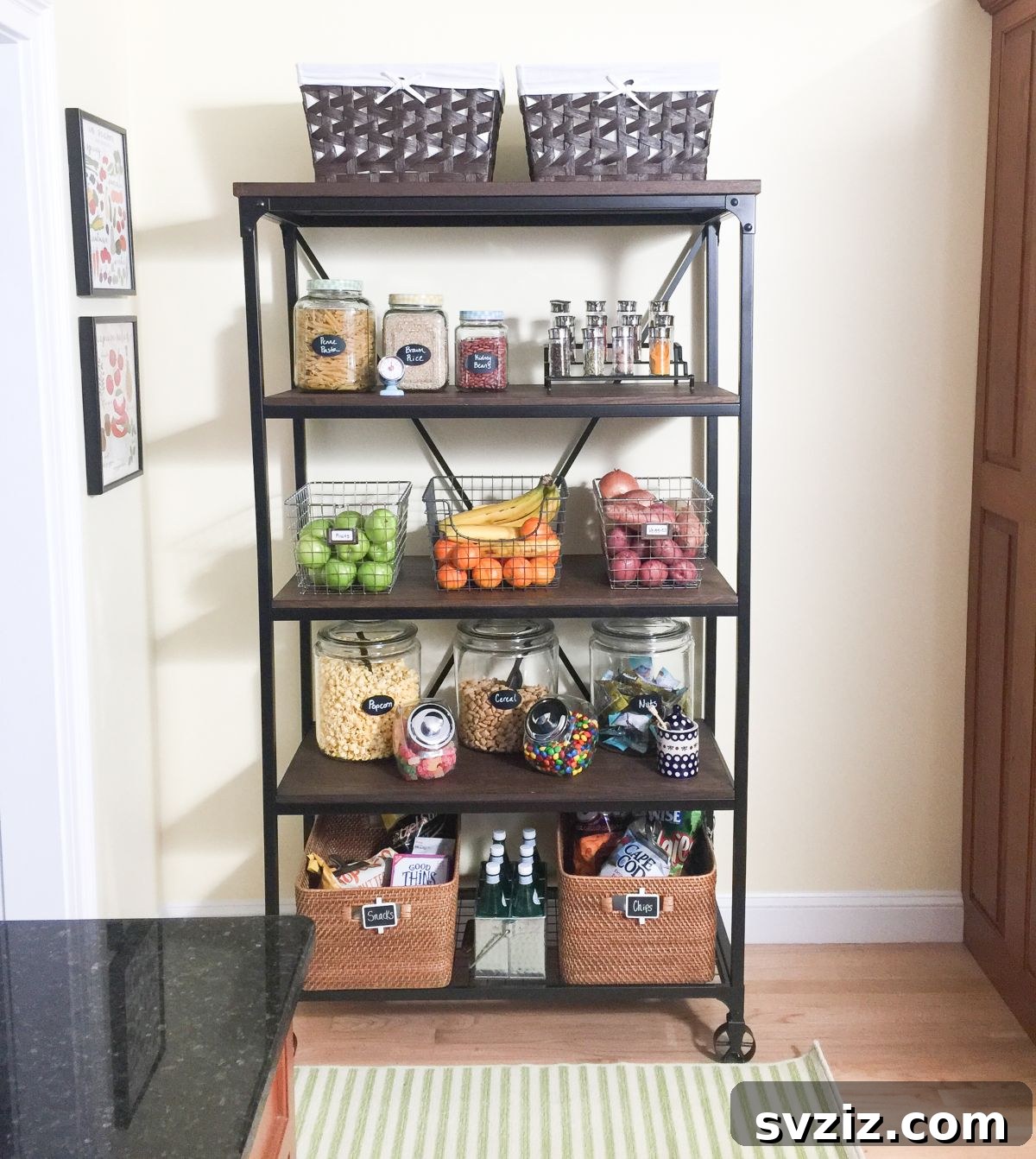 Open shelving wall pantry in a kitchen