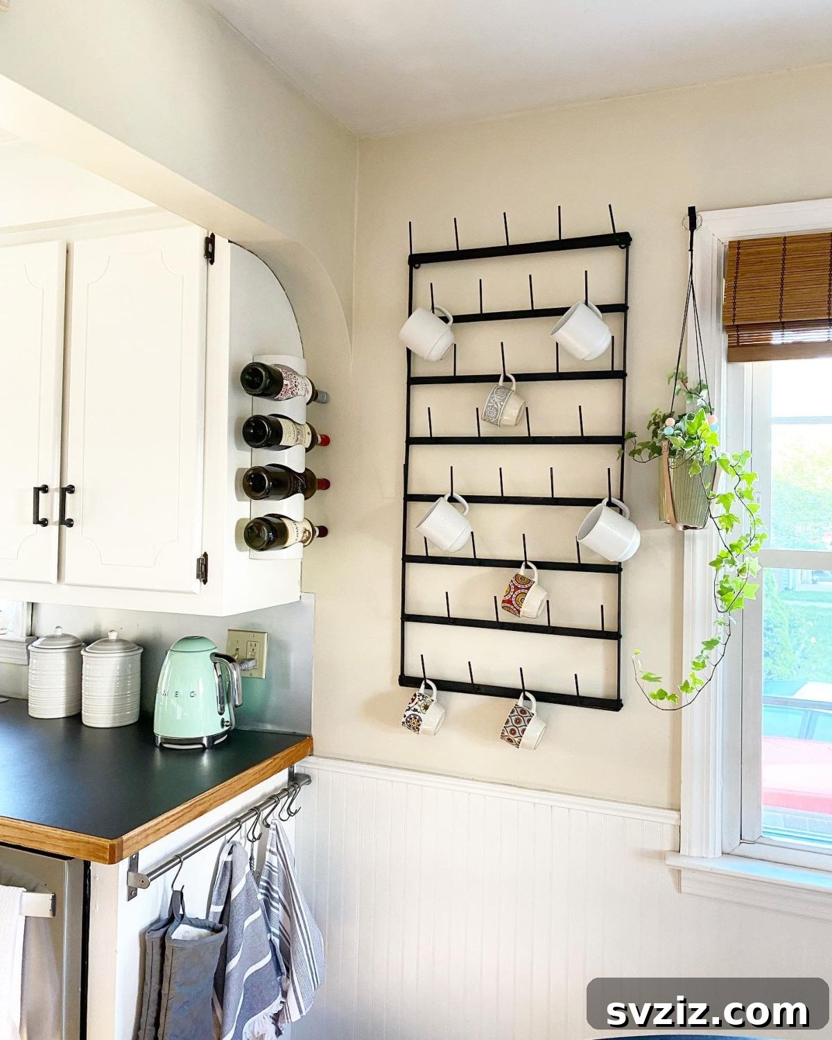 Hanging mug holder in a kitchen