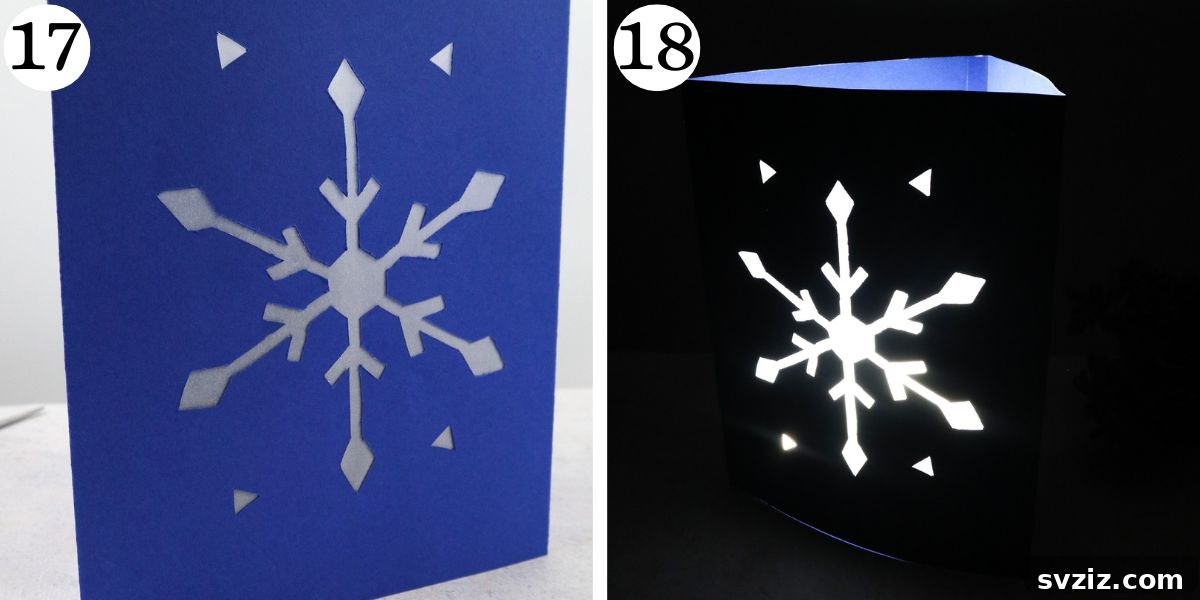 Sparkling Snowflake Luminaries 12 Unique Snowflake Lanterns, showing the illuminated finished lantern.