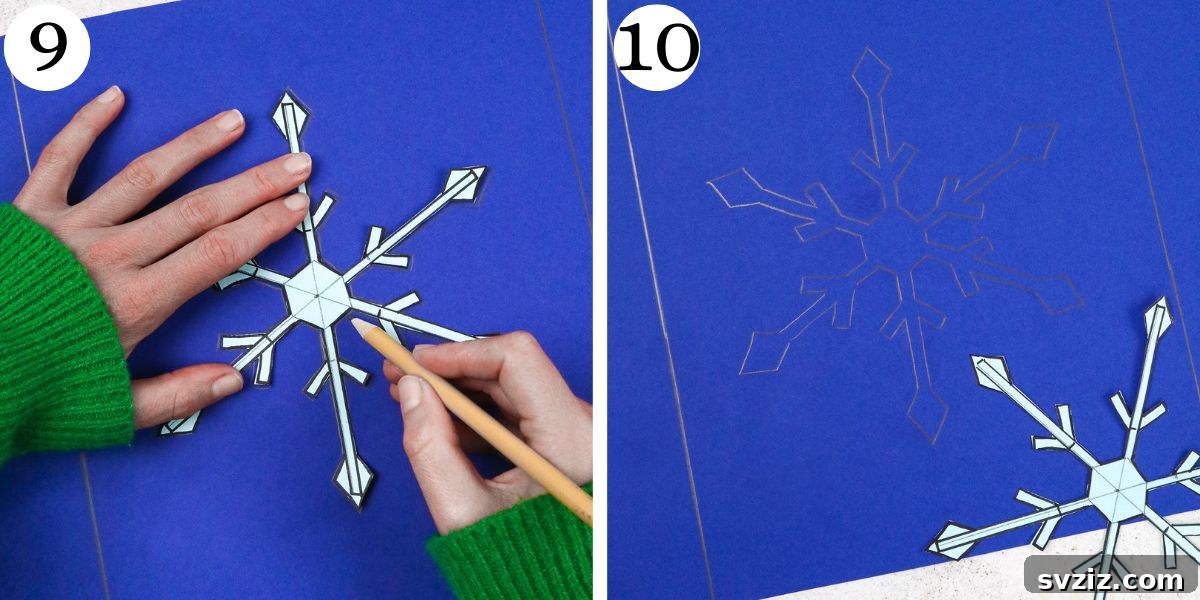 Sparkling Snowflake Luminaries 8 Easy Snowflake Lanterns, illustrating the tracing of the snowflake template onto cardstock.