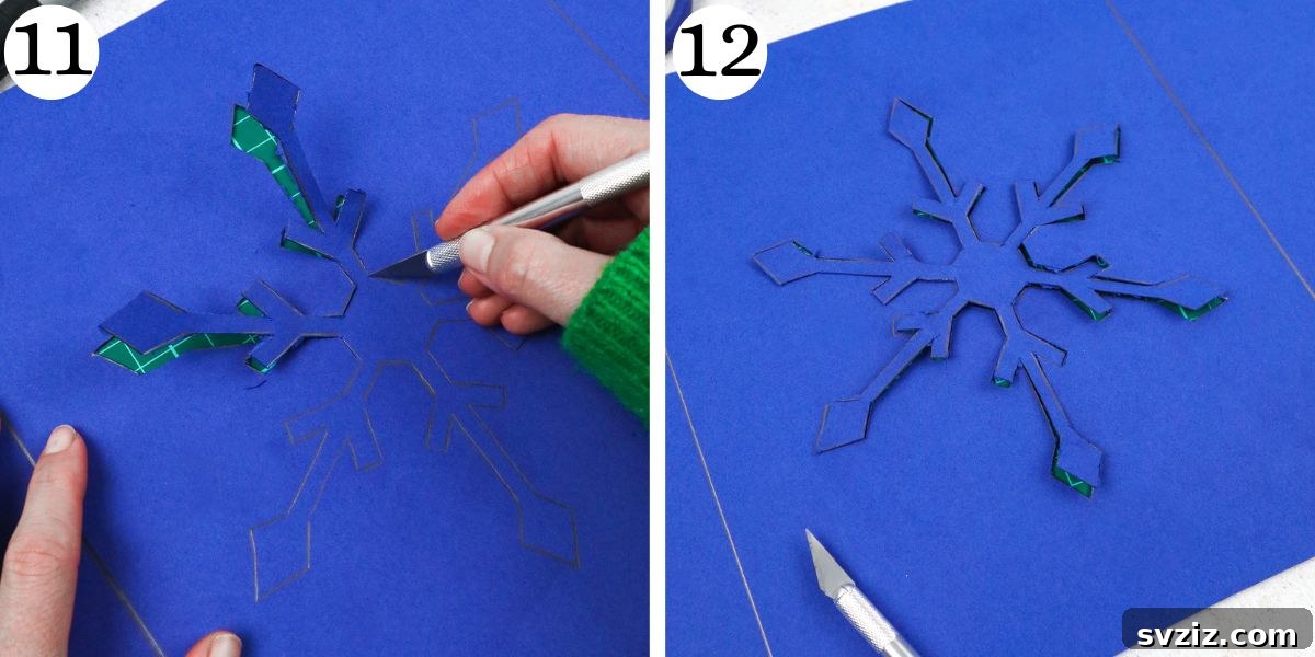 Sparkling Snowflake Luminaries 9 Quick Snowflake Lanterns, showing the process of cutting out the snowflake design.