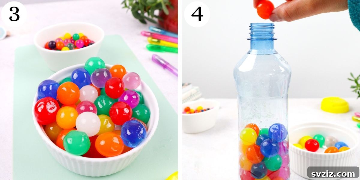 Filling a plastic bottle with water beads