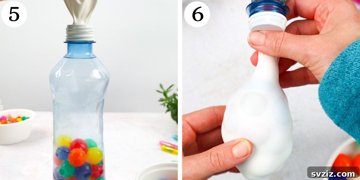 Transferring water beads from bottle to balloon