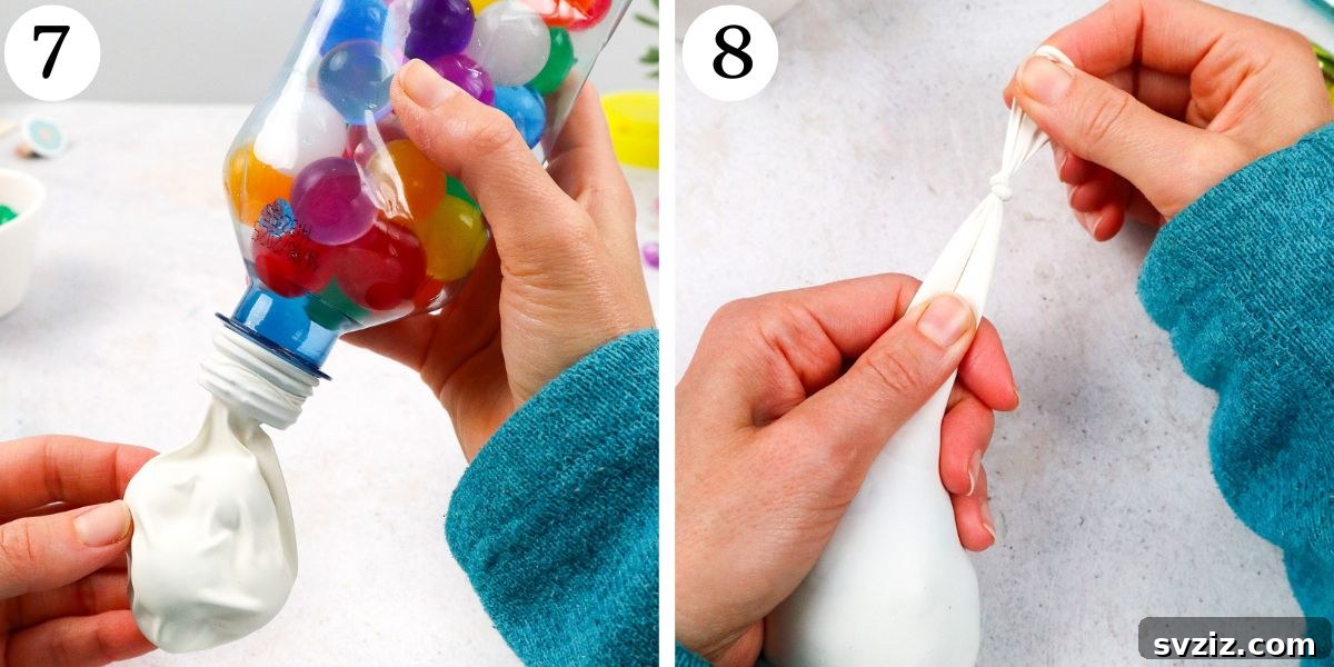 Tying a knot on the filled stress ball balloon