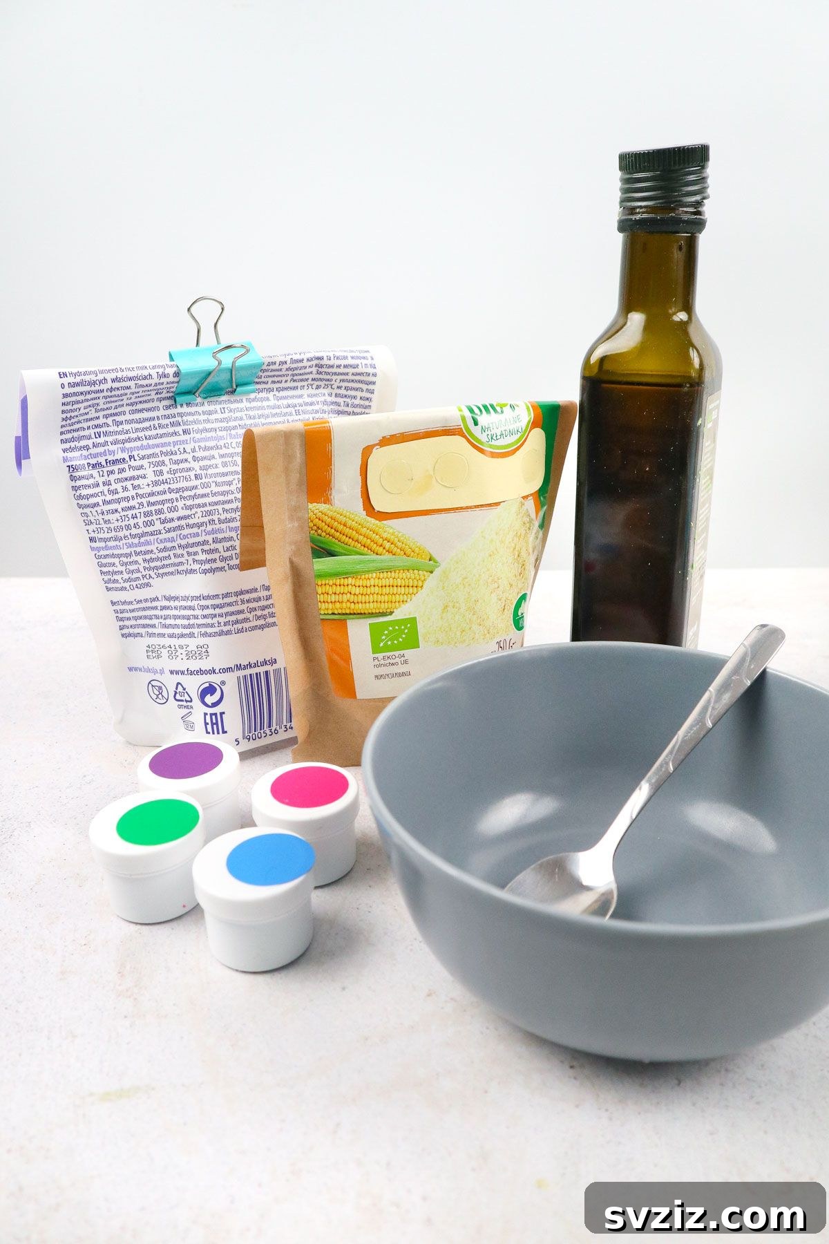 Soft Squishy Homemade Soaps 3 Organized layout of ingredients for making unique squishy soap, including cornstarch, oils, and soap