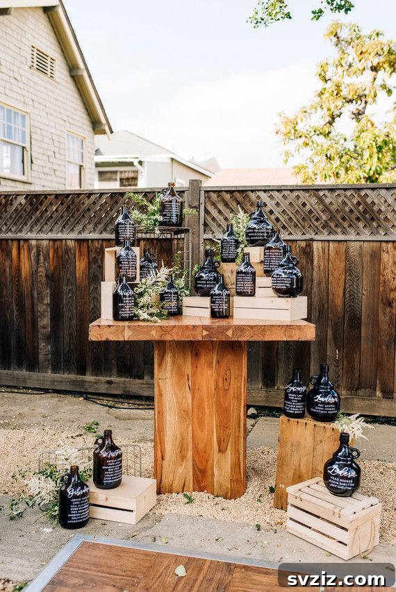 Host a Magical Backyard Wedding Without Breaking the Bank 11 Rustic seating chart on whiskey jugs