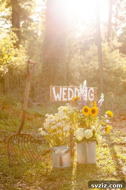 Host a Magical Backyard Wedding Without Breaking the Bank 14 Rustic wedding sign with watering cans and flowers