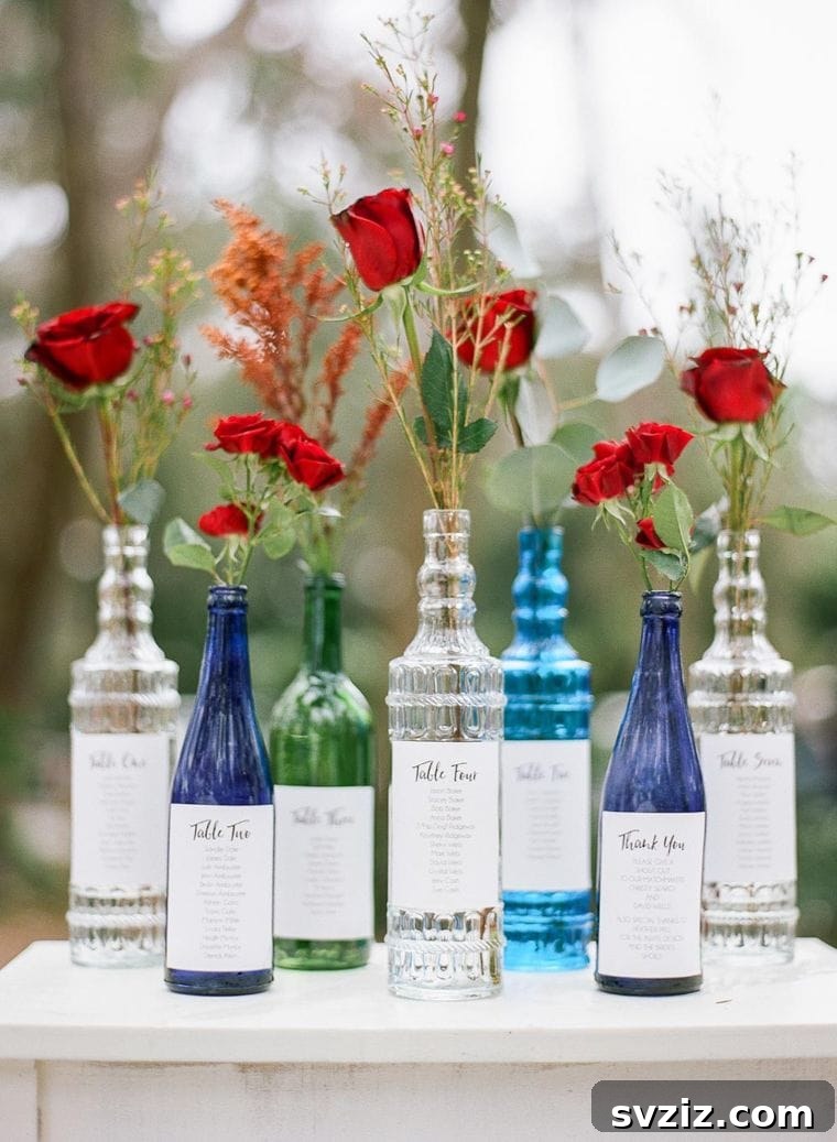 Host a Magical Backyard Wedding Without Breaking the Bank 19 Colored bottles as wedding seating chart