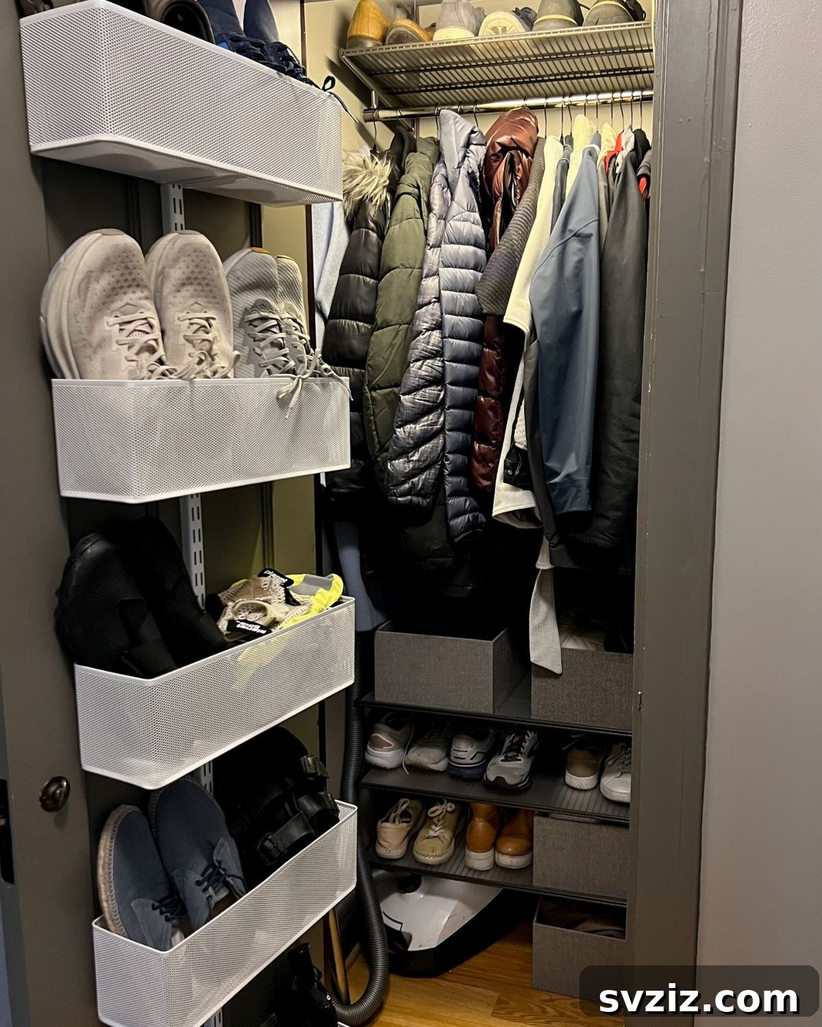 21 Genius Hacks to Master Your Coat Closet Organization 12 Over-the-door shoe rack providing vertical shoe storage in a closet.