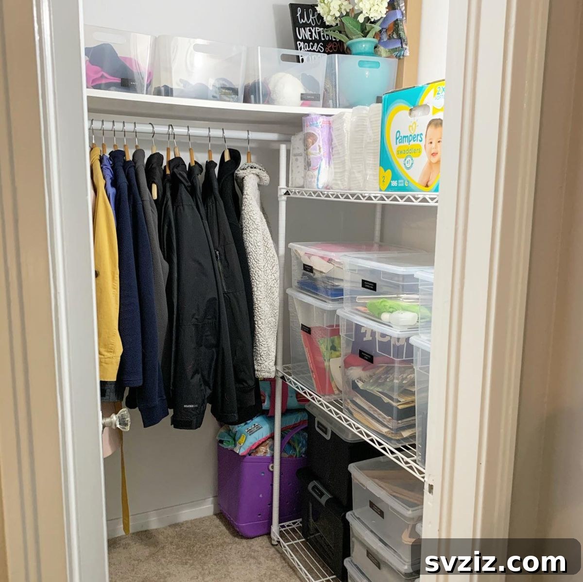 21 Genius Hacks to Master Your Coat Closet Organization 18 Clear containers organizing various items on shelves in a coat closet.