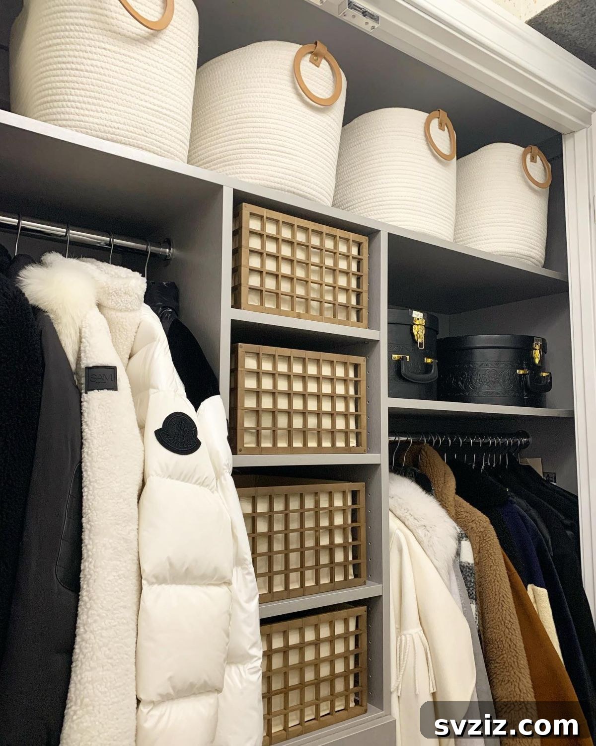 21 Genius Hacks to Master Your Coat Closet Organization 19 Aesthetic cotton rope woven baskets on a coat closet shelf.