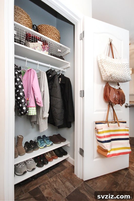 21 Genius Hacks to Master Your Coat Closet Organization 22 Hooks installed in a coat closet to organize and display handbags.