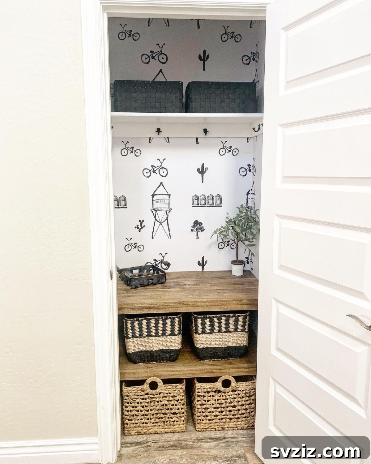 21 Genius Hacks to Master Your Coat Closet Organization 4 Shoes neatly organized in woven baskets inside a coat closet.