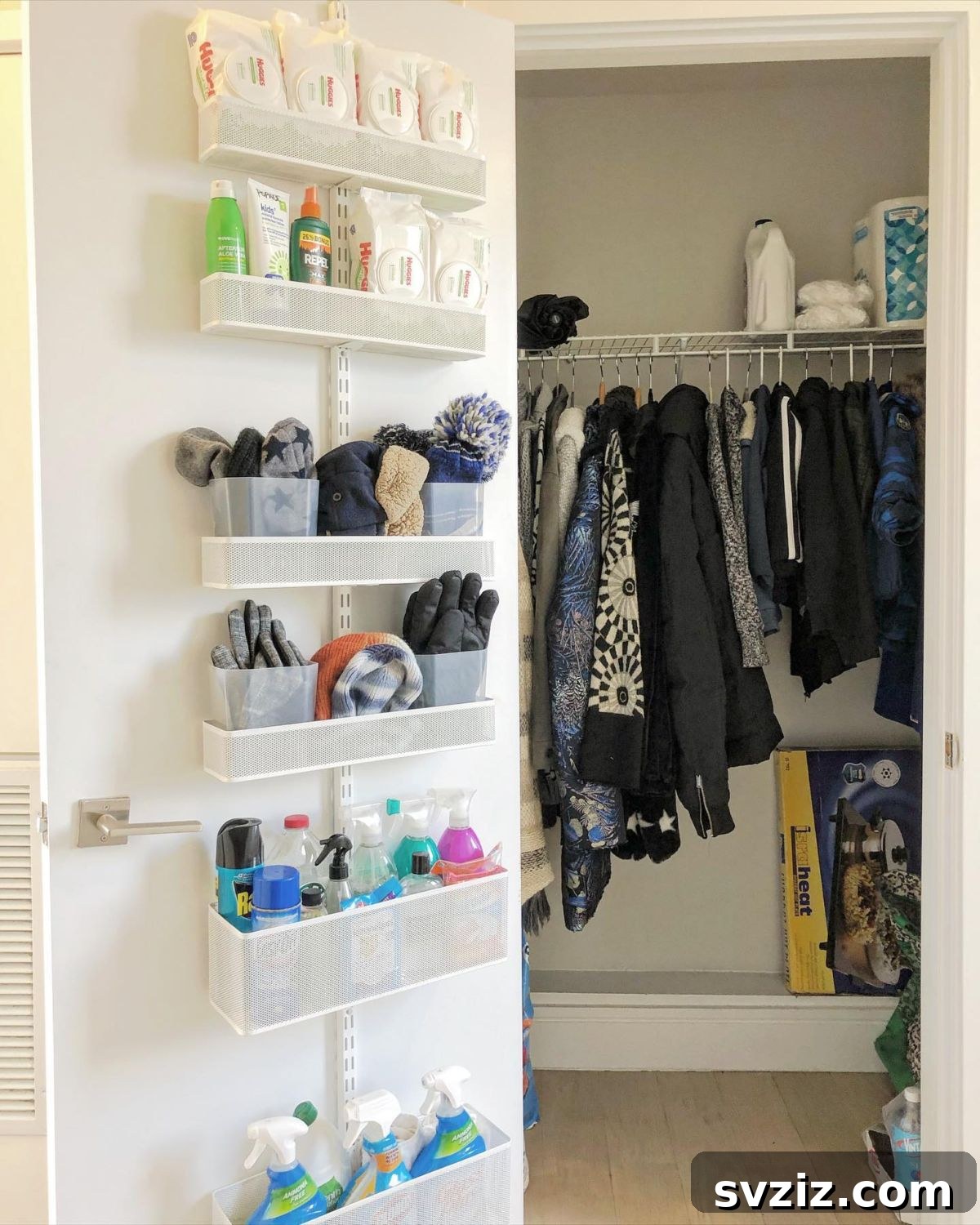 21 Genius Hacks to Master Your Coat Closet Organization 5 Behind-the-door shelves organizing small items in a coat closet.