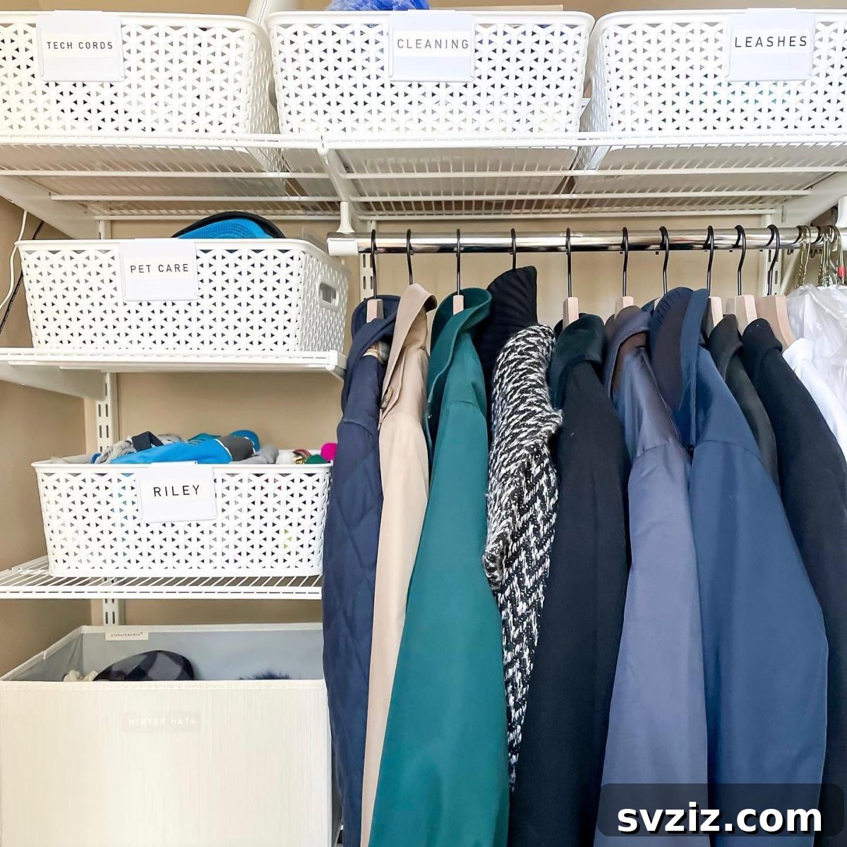 21 Genius Hacks to Master Your Coat Closet Organization 6 Labeled plastic storage baskets on coat closet shelves.