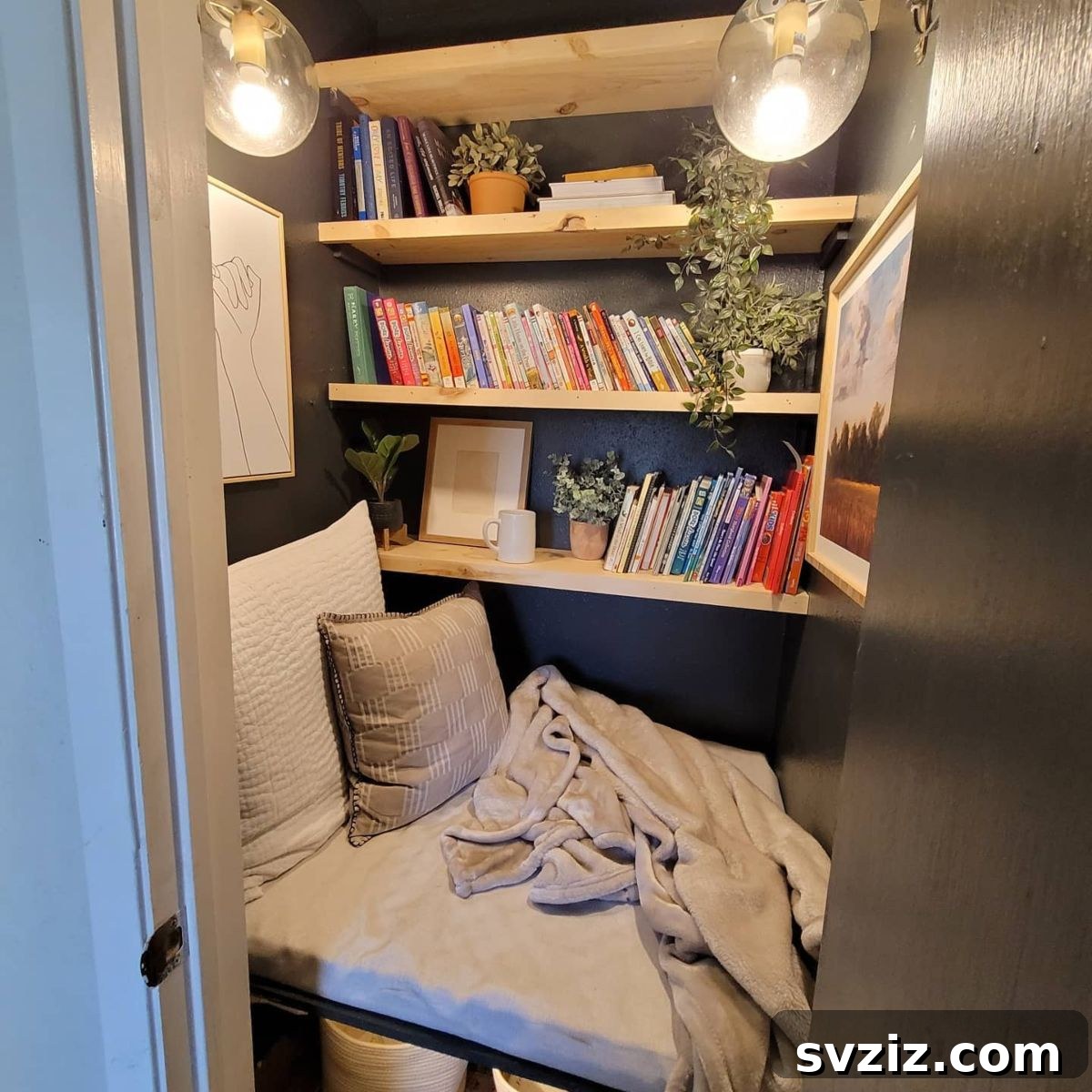 21 Genius Hacks to Master Your Coat Closet Organization 10 A small coat closet repurposed into a cozy reading nook with pillows and blankets.