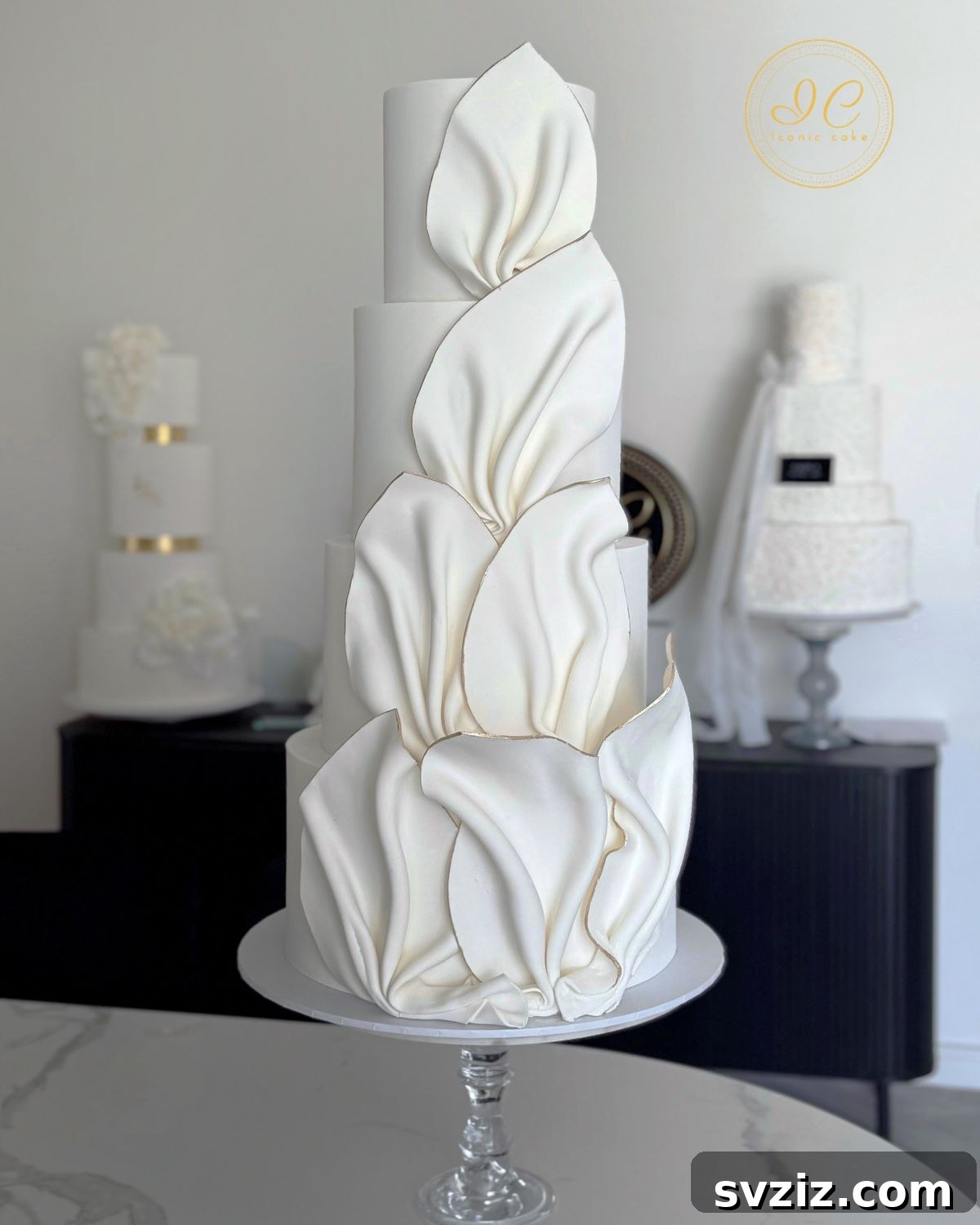 27 Elegant Wedding Cake Inspirations 26 An exquisite wedding cake with delicate folded petals embracing its tiers, creating lifelike textures that evoke velvety softness and a fairytale aesthetic, suggesting a celestial cake bliss.