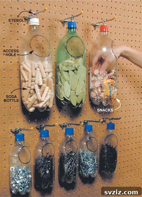 Pegboard with recycled bottle storage for small items