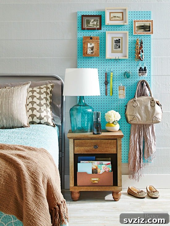 Bedroom pegboard serving as a nightstand replacement
