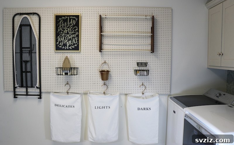 Organized laundry room with pegboard storage